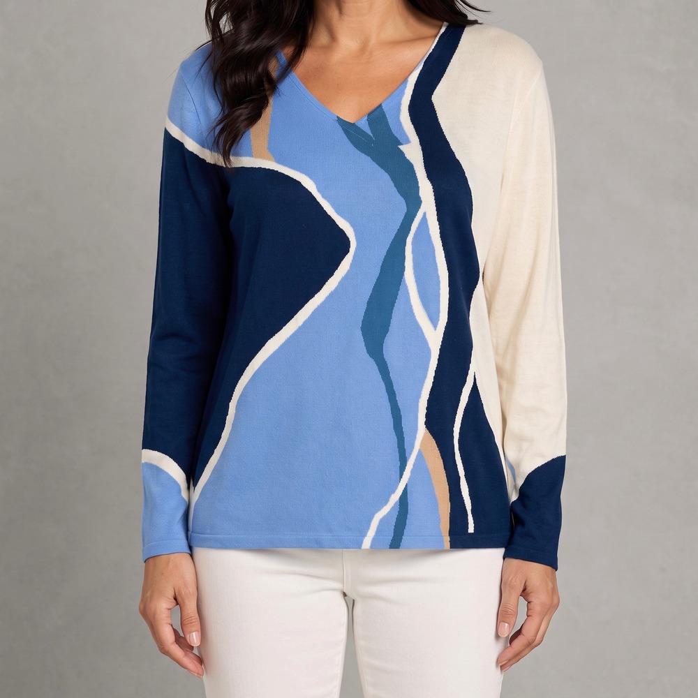 Chico's Soft Peaks Azores Blue Spun Intarsia V-neck Sweater size XXL